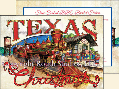 Texas Christmas holiday cards trains, train station card